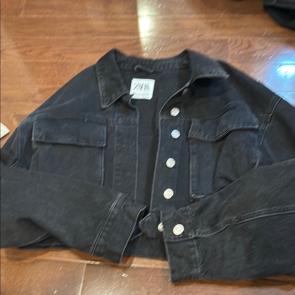Cropped Black Denim Jacket with Silver Buttons